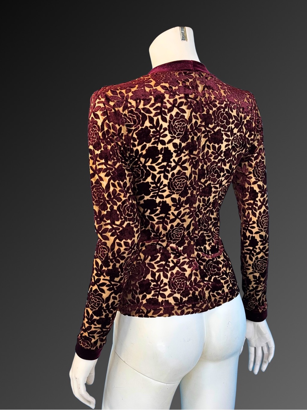 90s Burgundy Velvet Burnout Romantic Gothic Floral Devore Cardigan | XS S - Picture 5 of 11